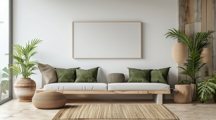 Modern art mockup room with blank walls, white floor, stylish sofa. Living space with empty frames, posters, and decor. Contemporary apartment, Scandinavian style. Comfortable