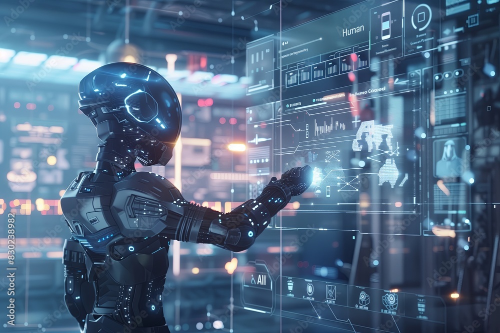 Poster Futuristic technology, digital robot with artificial intelligence. Business innovation, cyborg concept. Science and machine network, blue interface. Modern cyber system,