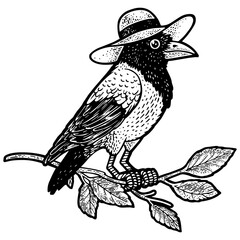 crow in hat sketch engraving PNG illustration. T-shirt apparel print design. Scratch board imitation. Black and white hand drawn image.