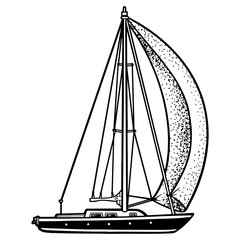 single sail yacht boat sketch engraving PNG illustration. T-shirt apparel print design. Scratch board imitation. Black and white hand drawn image.