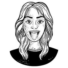 girl showing tongue sketch engraving PNG illustration. T-shirt apparel print design. Scratch board imitation. Black and white hand drawn image.