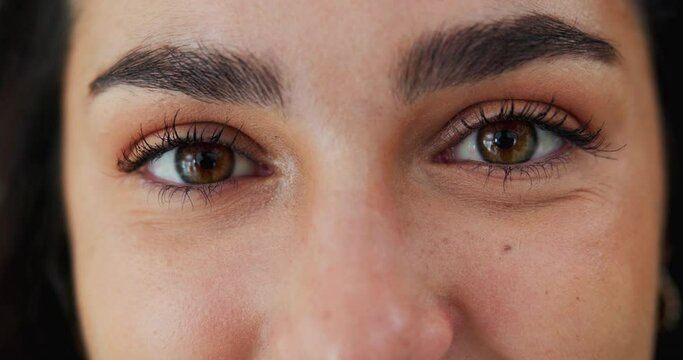 Woman, eyes and face in closeup with vision for skincare eyesight and optical care isolated in studio. Female person, eyebrows and beauty with thinking for cosmetic skin treatment with microblading