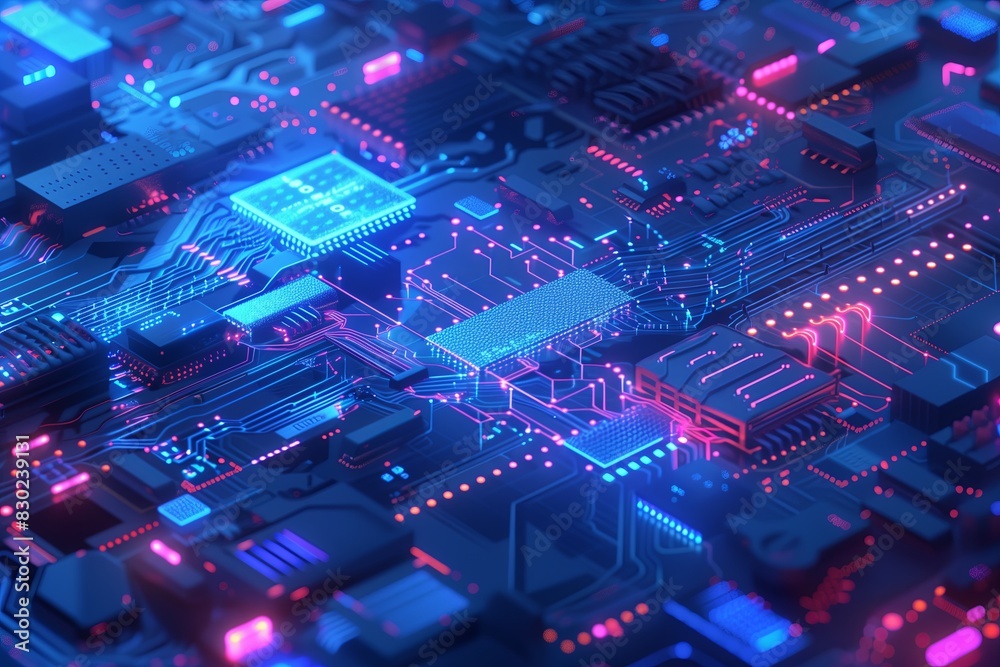 Poster Digital computing technology with motherboard and processor. Abstract circuit board, hardware communication, engineering science. Blue tech background, information electricity