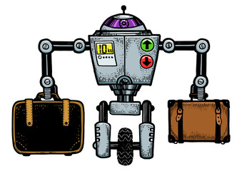 Robot luggage carrier sketch color engraving PNG illustration. T-shirt apparel print design. Scratch board style imitation. Black and white hand drawn image.