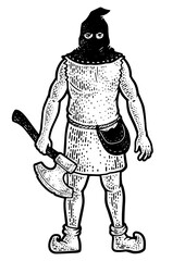 medieval executioner sketch engraving PNG illustration. T-shirt apparel print design. Scratch board imitation. Black and white hand drawn image.