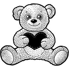 Teddy bear toy with heart valentine day gift sketch engraving PNG illustration. T-shirt apparel print design. Scratch board imitation. Black and white hand drawn image.