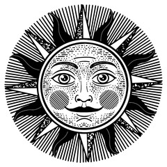 Sun with face sketch engraving PNG illustration. T-shirt apparel print design. Scratch board imitation. Black and white hand drawn image.