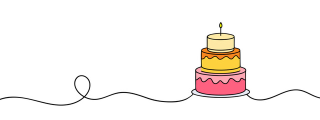 Continuous line drawing of birthday cake. Cake with sweet cream and a candle. Birthday celebration concept isolated on white background.