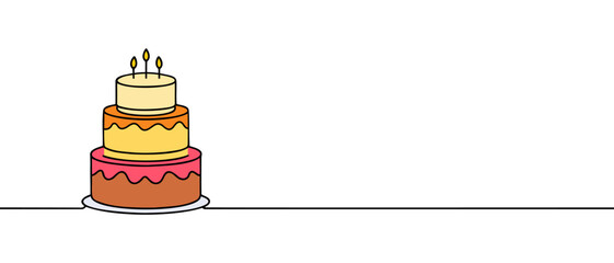 Continuous line drawing of birthday cake. Cake with sweet cream and a candle. Birthday celebration concept isolated on white background.