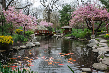Fototapeta premium A pond with a bridge and a gazebo in the background