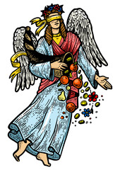 Fortuna ancient Greek goddess sketch color engraving PNG illustration. T-shirt apparel print design. Scratch board imitation. Black and white hand drawn image.