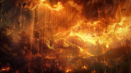 apocalyptic scene of heavenly fire raining down on earth digital painting