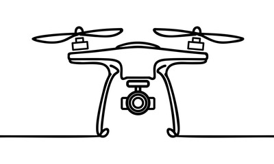 One single line drawing of flying drone airplane, unmanned plane vector graphic illustration. Modern air gadget for videography concept.