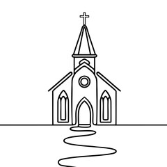 Church in continuous line art drawing style. Abstract church building with bell-tower. Vector illustration