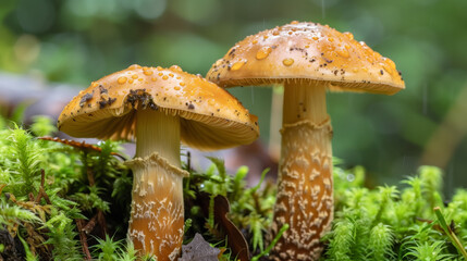 Fototapeta premium A closeup of two mushrooms growing in the moss, with raindrops on their caps and gills