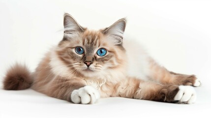 Obraz premium A charming Birman cat with a creamy coat and striking blue eyes, lounging comfortably with its white-gloved paws stretched out, isolated on solid white background,