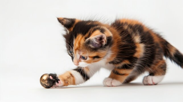 A cute Calico kitten with a colorful patchwork coat of orange, black, and white, playing with an invisible object, isolated on solid white background,