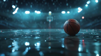 A basketball sits on a wet court under the bright lights of an empty arena.