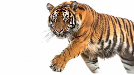 Fototapeta premium A majestic Bengal tiger mid-stride, muscles rippling under its vibrant orange and black striped coat, staring intently forward, isolated on solid white background,