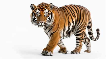 Fototapeta premium A majestic Bengal tiger mid-stride, muscles rippling under its vibrant orange and black striped coat, staring intently forward, isolated on solid white background,
