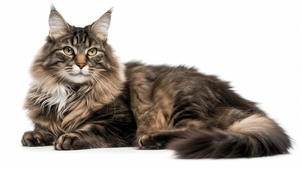 Obraz premium A majestic Norwegian Forest Cat with a thick, fluffy coat and a serene expression, lounging comfortably with its tail draped over its side, isolated on solid white background,