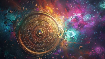 Cosmic zodiac wheel with astrological symbols in a colorful galaxy. Esoteric and mysticism concept.