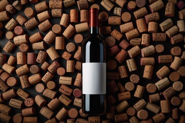 Red wine bottle mockup with wine corks in the background