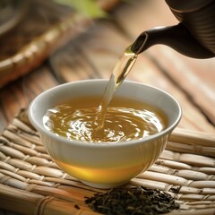 Pouring Fresh Green Tea into a Traditional Ceramic White Porcelain Cup on a Bamboo Mat