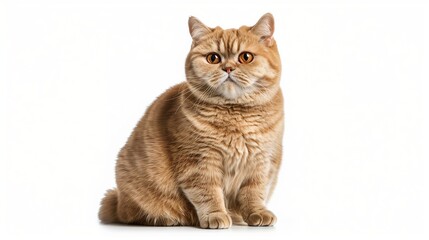 A regal British Shorthair with a round face and dense, plush fur, sitting proudly with a calm demeanor, isolated on solid white background,