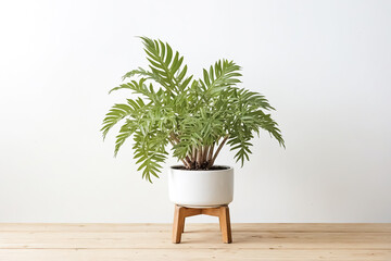 Green plant in a white pot on a wooden stand against a white wall