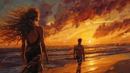 A woman and man are walking on a beach at sunset
