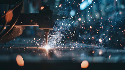 A machine is cutting through metal with sparks flying