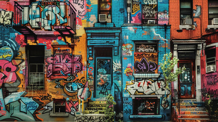 Obraz premium A colorful graffiti-covered building with a mix of bright and dark colors