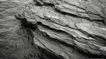  A black-and-white image of a rock formation overhanging a body of water Waves ascend the side, while the water beneath remains dark - Powered by Adobe