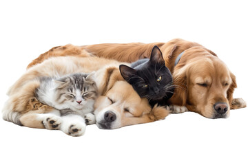 Fototapeta premium cats and dog sleep together isolate on background