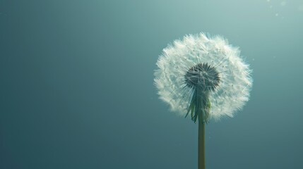  Close-up of a dandelion against a blue backdrop Sunlight filters through its leaves, casting rays to one side