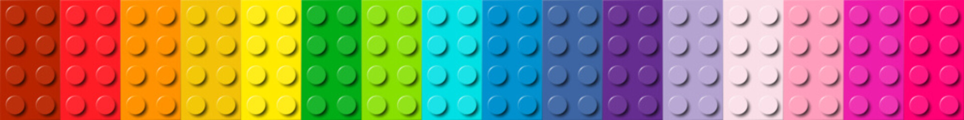 Many plastic building toy blocks banner. Background of bricks in different colors. Close-up of a colorful bricks viewed from above. Abstract vector background illustration