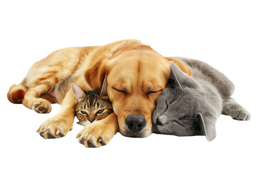 Obraz premium cats and dog sleep together isolate on background