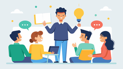 A student presents a project idea to a panel of his peers and receives constructive feedback as part of a workshop on entrepreneurial leadership.. Vector illustration