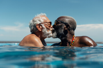Happy elderly interracial gay male couple kissing in the sea on summer vacation. Candid inclusive image of two senior homosexual men in love. age inclusion & racial diversity at pride month.  - Powered by Adobe