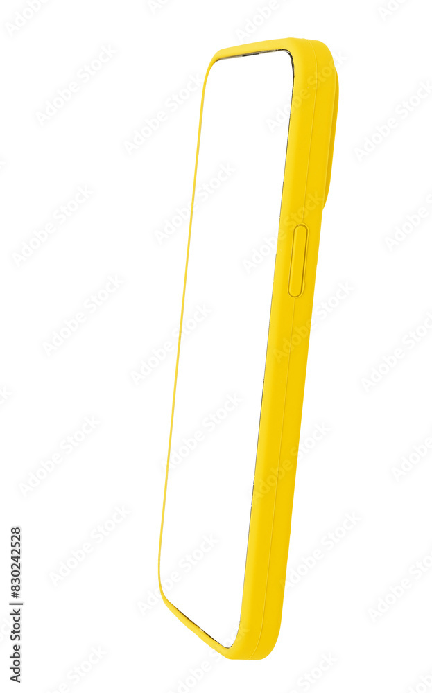 Poster phone mockup with yellow case, white screen. modern smartphone, clear empty frame design, digital te