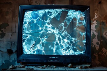 Shattered TV Screen with Cracked Glass in Abandoned Room