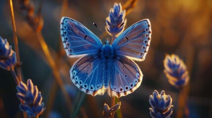  A tight shot of a blue butterfly perched on a plant, adorned with purple flowers Nearby, a mix of yellow and purple blooms creates a softly blurred backdrop