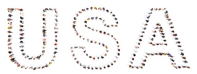 Concept conceptual large community of people forming USA name. 3d illustration metaphor for freedom, democracy, opportunities, power, patriotism, progress, economy, bussiness, tourism and success