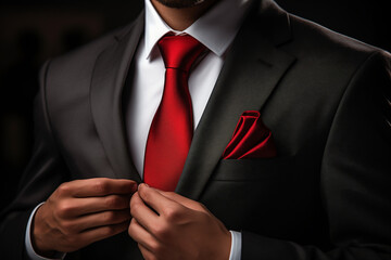 Man Adjusting Red Tie in Dramatic Lighting
