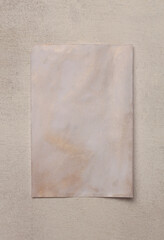 Beige and nacre silver frame painting paper empty card blank on wood wall. Abstract texture copy space neutral grunge background.