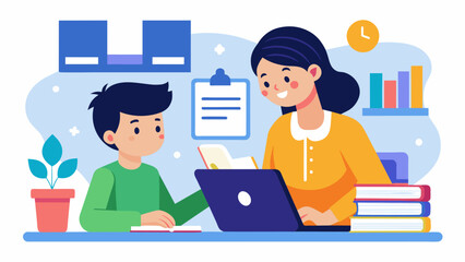 In a virtual tutoring session a high school student helps a younger student navigate through a digital reading program and gives tips for improving their reading speed and. Vector illustration