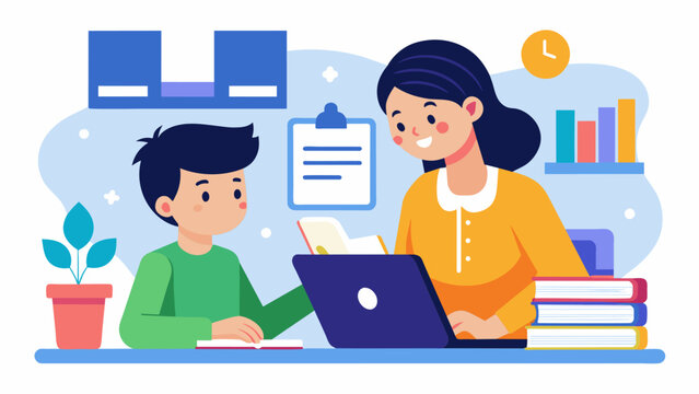 In a virtual tutoring session a high school student helps a younger student navigate through a digital reading program and gives tips for improving their reading speed and. Vector illustration