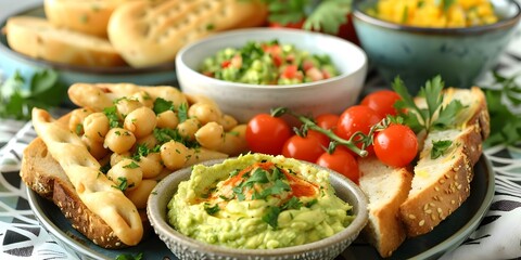 Geometric Tablecloth Featuring a Spread of Hummus, Guacamole, Whole Wheat Toast, and Breadsticks. Concept Food Photography, Geometric Patterns, Healthy Spreads, Appetizer Presentation, Culinary Art