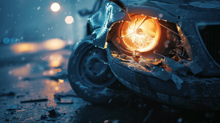 A car is smashed and the headlights are lit up